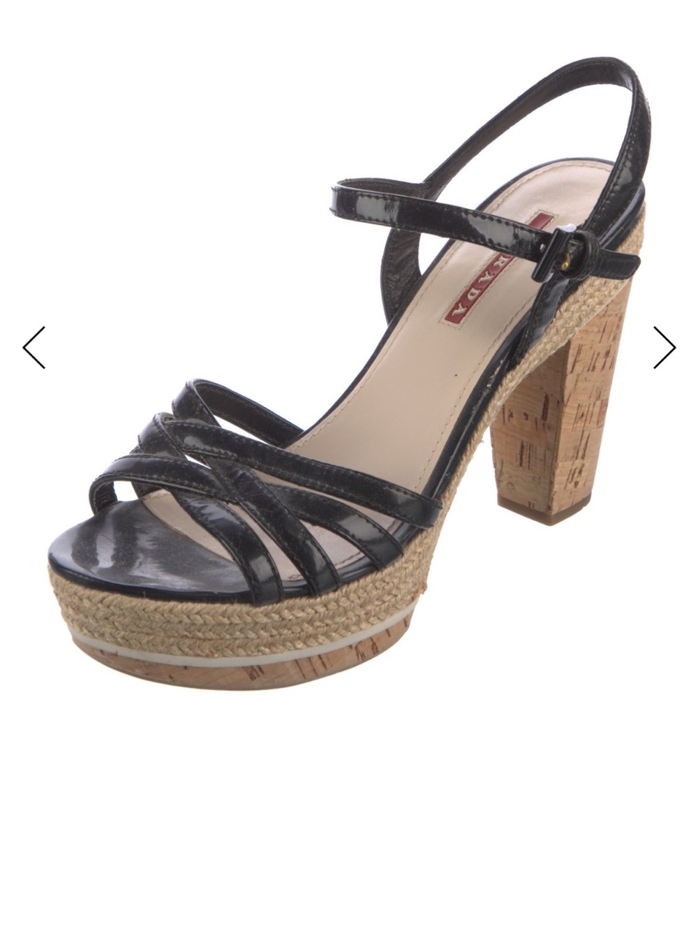 Prada Black Patent Leather Cork Platform Heel Sandal